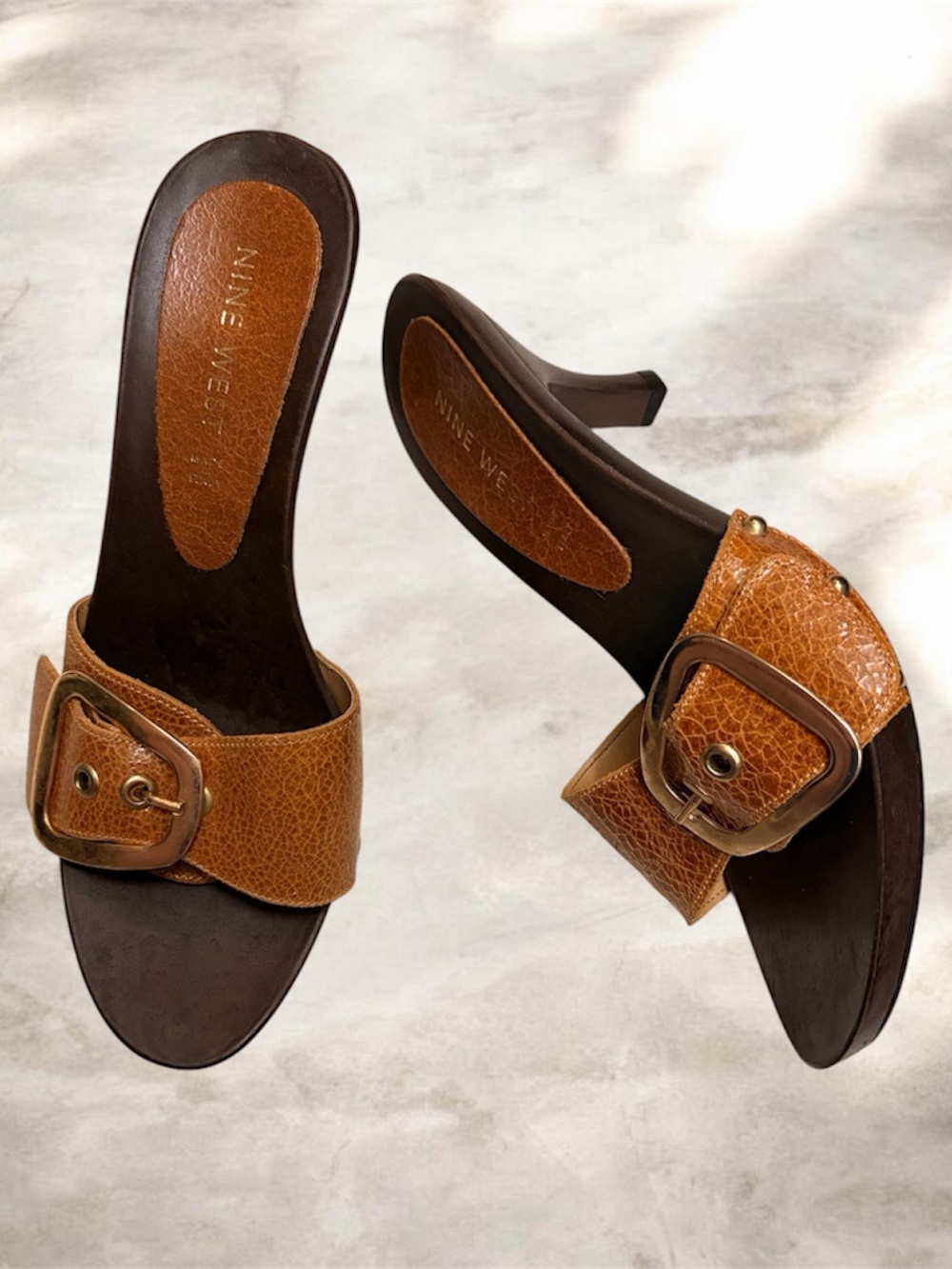 Nine West Brown Leather Buckle Slide Mules